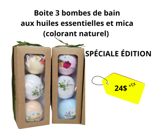 Boite de 3 grosses bombes de bain aux huiles essentielle et mica (colorant naturel)