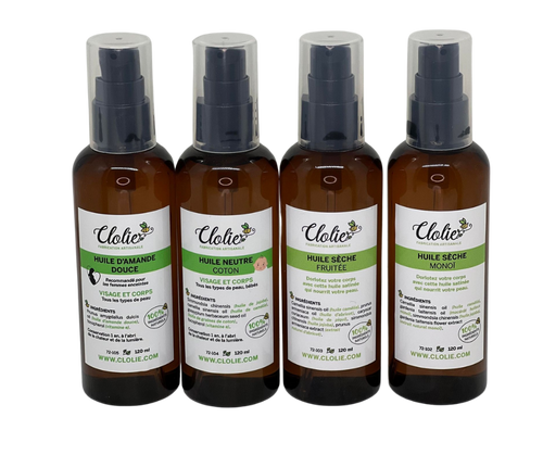 Huiles (sèche Monoï ou Fruitée, coton (bébé), amande douce (femme enceinte))